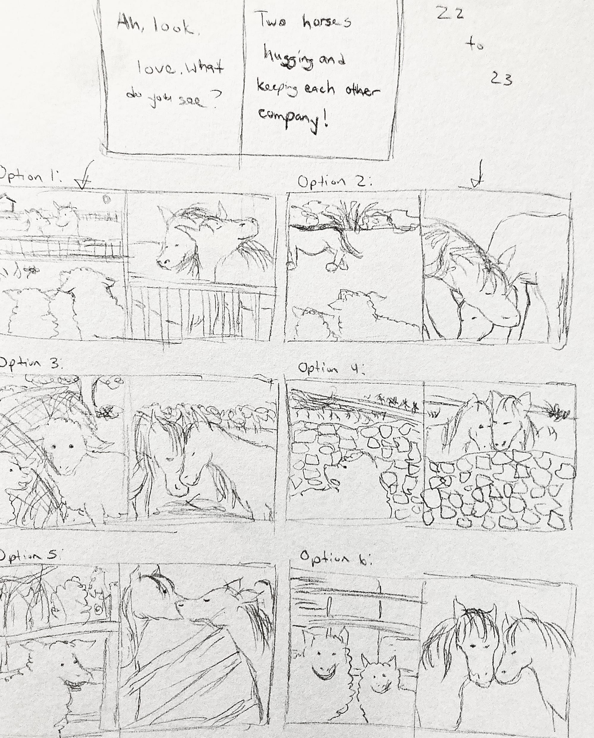 A series of thumbnails for pages 22 - 23 of Love All Around.